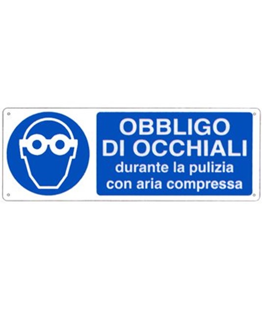 Cartello obbligo di occhiali durante la pulizia con aria compressa Cartello obbligo di occhiali durante la pulizia con aria compressa