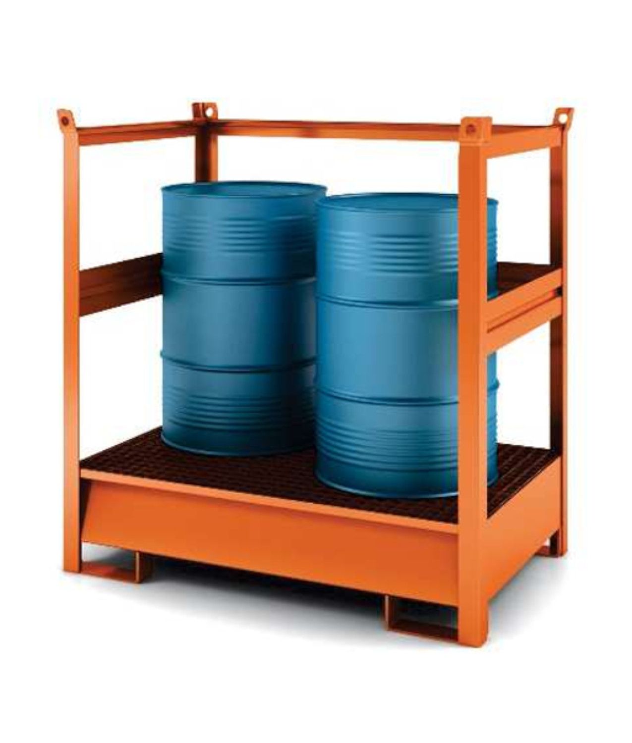 Contenitore accatastabile con vasca di raccolta per 1,2, e 4 fusti