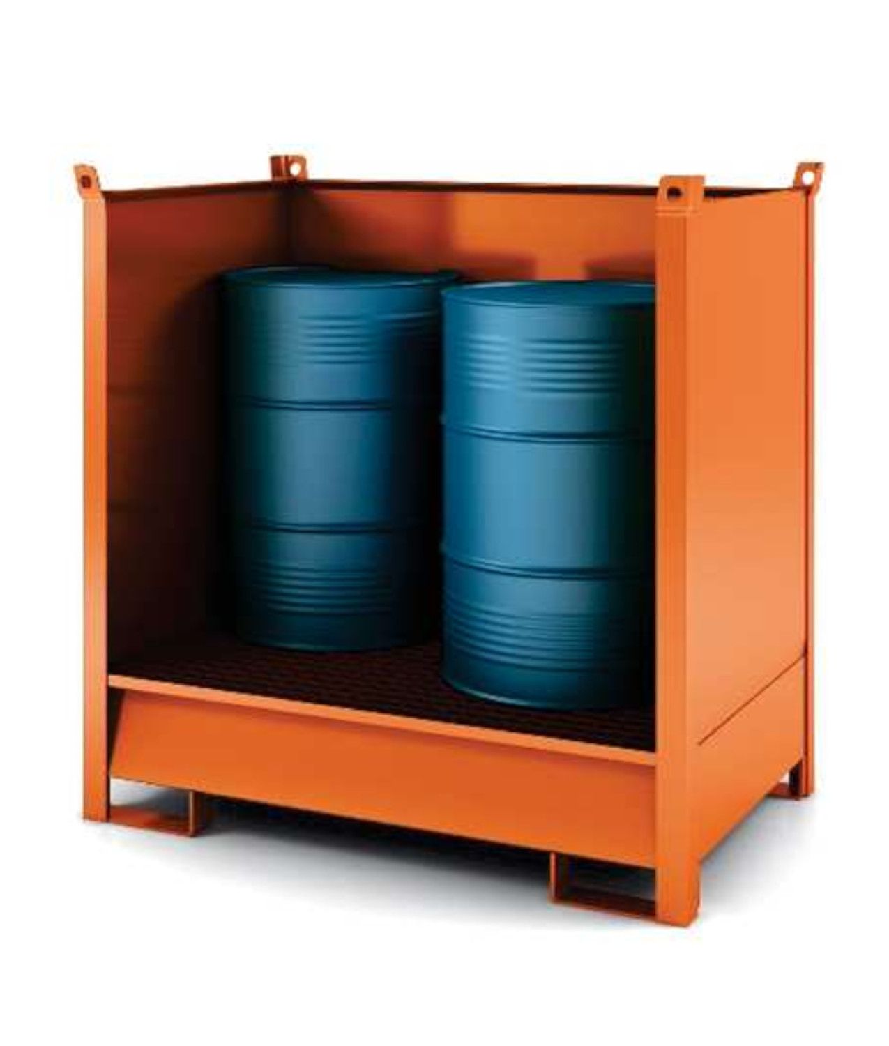 Contenitore accatastabile con vasca di raccolta per 1, 2 e 4 fusti