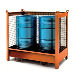 Contenitore accatastabile con vasca di raccolta per 1, 2 e 4 fusti