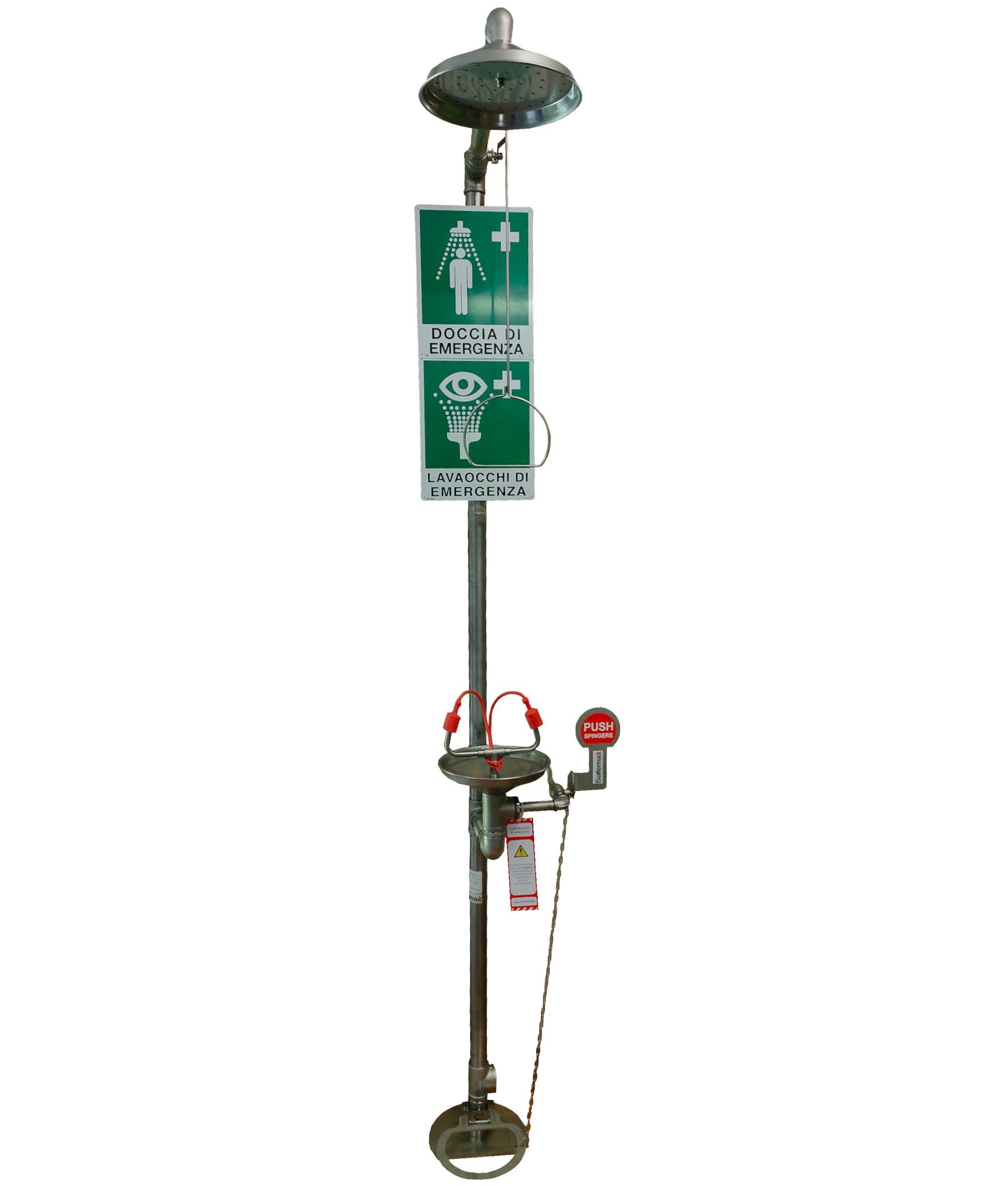 Doccia con lavaocchi di emergenza in acciaio INOX Safemax azionamento con leva, pedale e tirante