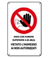 Cartelli di divieto  'area con rumore superiore a 85 dB(A) vietato l'ingresso ai non autorizzati'