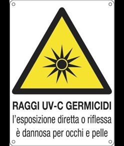 Cartello di pericolo 'raggi uv-c germicidi l'esposizione diretta o riflessa...'