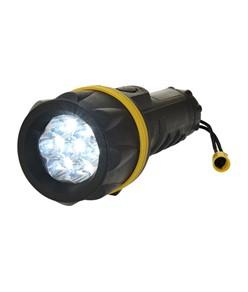Torcia multiuso a batterie. Lampada con 7 LED da 31 lumen. Finitura in gomma e ABS. Laccio per polsino.