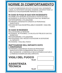 Cartello 'norme di comportamento in caso di gas o incendio'