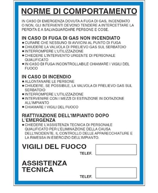 Cartello 'norme di comportamento in caso di gas o incendio' Cartello 'norme di comportamento in caso di gas o incendio'