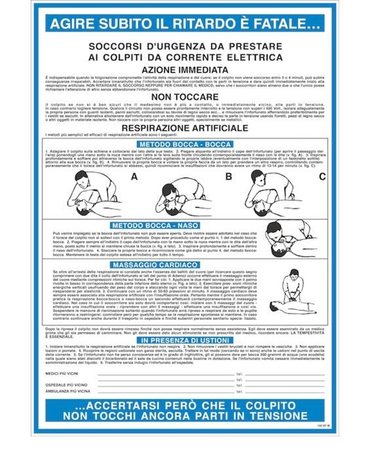 Cartello 'soccorsi d'urgenza da prestare ai colpiti da corrente elettrica'