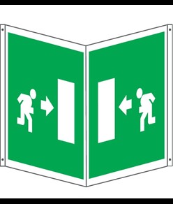 Cartello bifacciale con simbolo 'uscita di emergenza a destra'