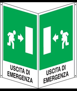 Cartello bifacciale 'uscita di emergenza a destra'