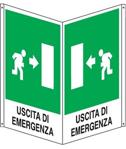 Cartello bifacciale 'uscita di emergenza a destra'
