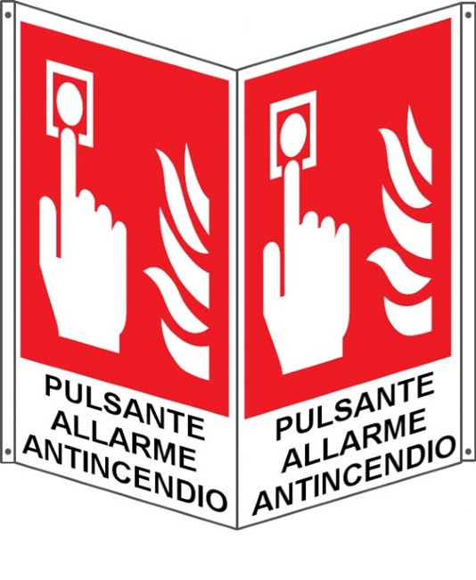 Cartello bifacciale con simbolo 'pulsante allarme antincendio' Cartello bifacciale con simbolo 'pulsante allarme antincendio'