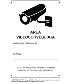 Cartello 'Area videosorvegliata' simbolo telecamera nera