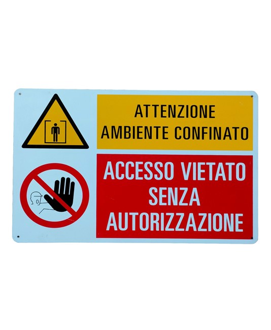 Cartello multisimbolo 'attenzione ambiente confinato, accesso vietato...' Cartello multisimbolo 'attenzione ambiente confinato, accesso vietato...'