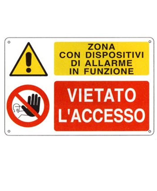 Cartello multisimbolo 'zona con dispositivi di allarme in funzione...' Cartello multisimbolo 'zona con dispositivi di allarme in funzione...'