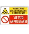 Cartello multisimbolo 'attenzione organi meccanici in movimento...'