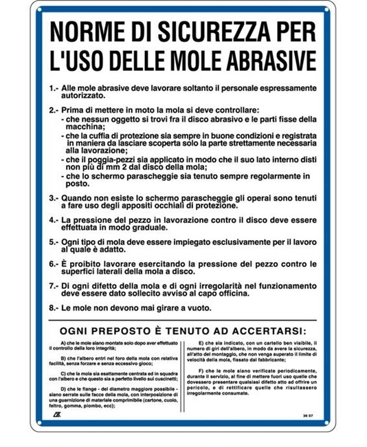 Cartello 'norme di sicurezza per l'uso delle mole abrasive'