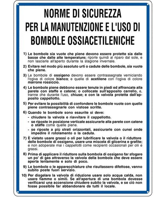 Cartello 'norme di sicurezza per la manutenzione e uso di bombole' Cartello 'norme di sicurezza per la manutenzione e uso di bombole'