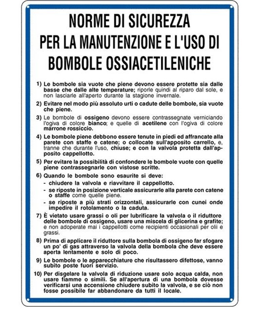 Cartello 'norme di sicurezza per la manutenzione e uso di bombole'