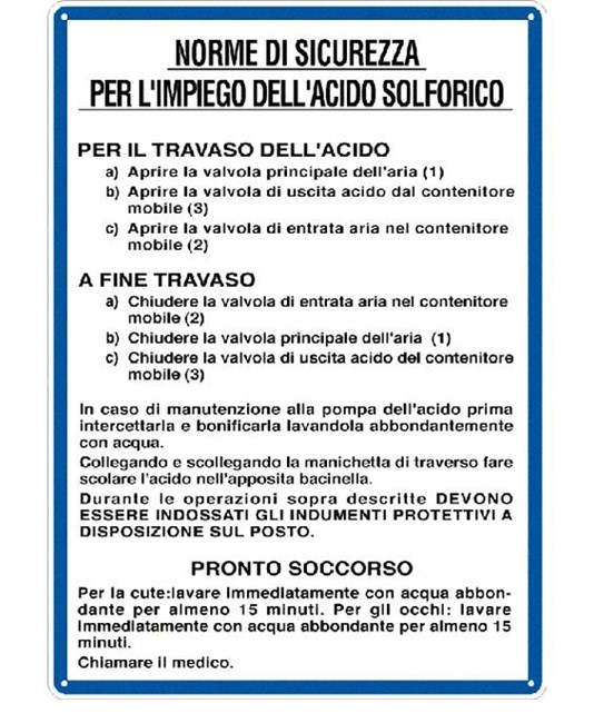 Cartello 'norme di sicurezza per l'impiego dell' acido solforico' Cartello 'norme di sicurezza per l'impiego dell' acido solforico'