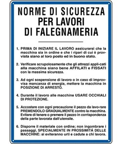 Cartello 'norme di sicurezza per lavori di falegnameria'