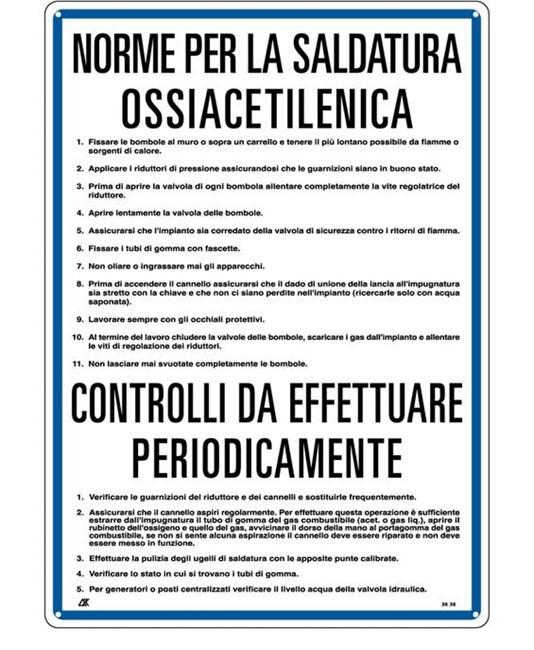 Cartello 'norme e controlli per la saldatura ossiacetilenica ' Cartello 'norme e controlli per la saldatura ossiacetilenica '