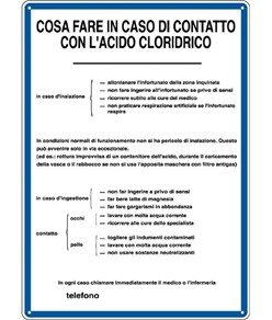 Cartello 'cosa fare in caso di contatto con l'acido cloridrico' dim:333x470mm