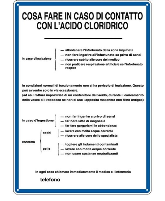 Cartello 'cosa fare in caso di contatto con l'acido cloridrico'