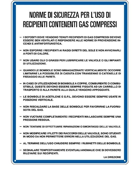 Cartello 'norme per l'uso di recipienti contenenti gas compressi' Cartello 'norme per l'uso di recipienti contenenti gas compressi'