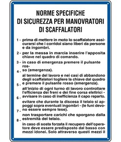 Cartello 'norme di sicurezza per manovratori di scaffalatori'