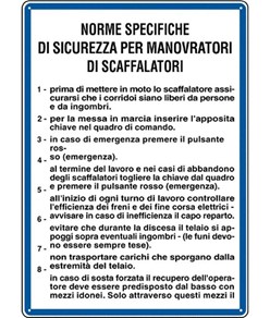 Cartello 'norme di sicurezza per manovratori di scaffalatori'