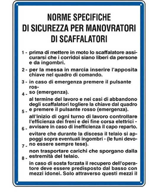 Cartello 'norme di sicurezza per manovratori di scaffalatori'