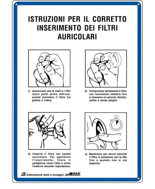 Cartello 'istruzione per il corretto inserimento dei filtri auricolari' Cartello 'istruzione per il corretto inserimento dei filtri auricolari'