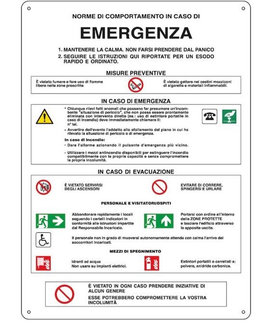Cartello 'norme di comportamento in caso di emergenza' Cartello 'norme di comportamento in caso di emergenza'