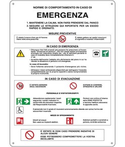 Cartello 'norme di comportamento in caso di emergenza' dim. varie