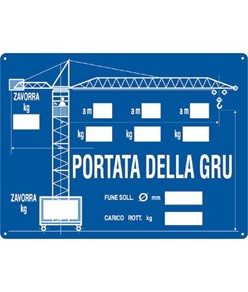 Cartello informativo 'portata della gru' con istruzioni