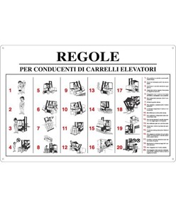 Cartello 'regole per conducenti di carrelli elevatori' con istruzioni