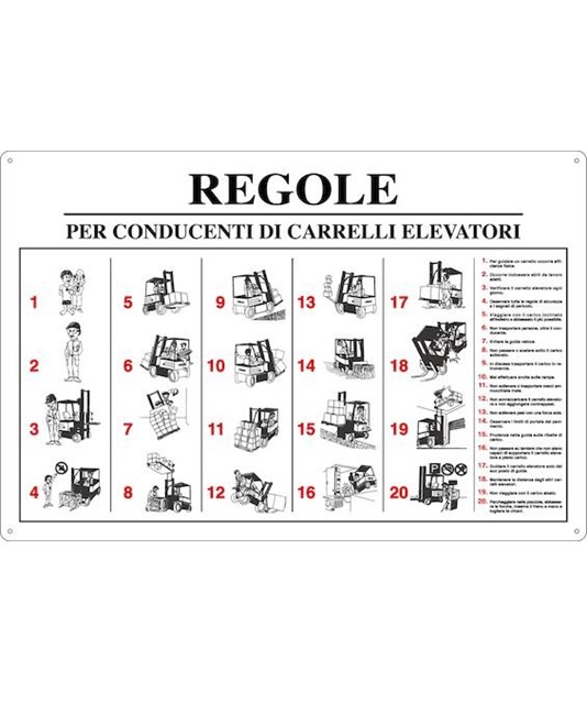 Cartello 'regole per conducenti di carrelli elevatori' con istruzioni