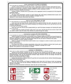Cartello multilingue 'come comportarsi in caso di incendio'