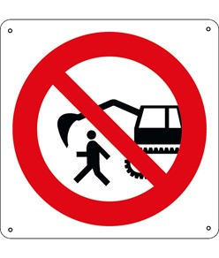 Cartello vietato  fermarsi/passare nel raggio dell' escavatore