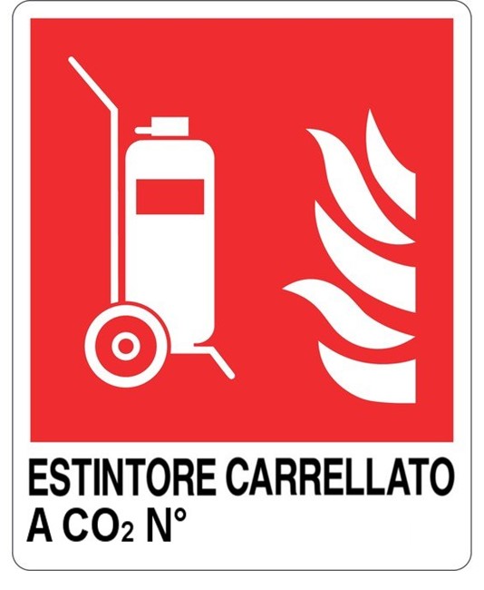 Cartello antincendio con scritta 'estintore carrellato a CO2 N°'