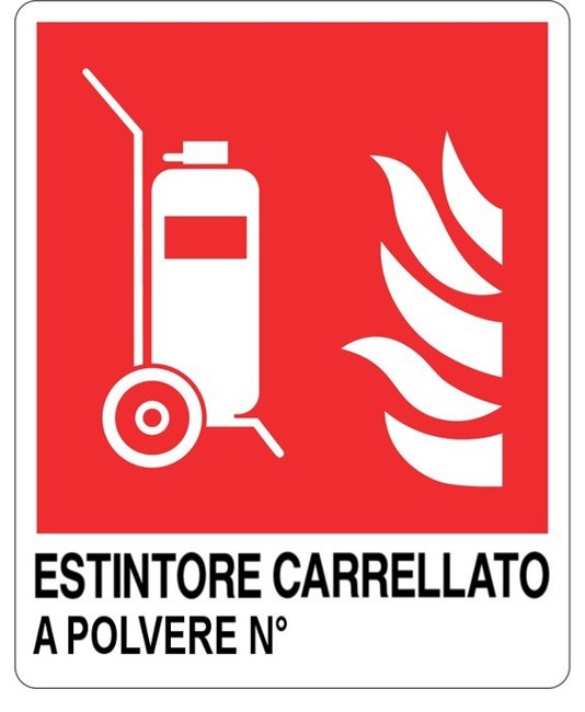 Cartello antincendio con scritta 'estintore carrellato a polvere N°'