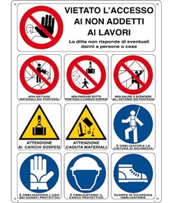 Cartello multisimbolo 'vietato l'accesso ai non addetti ai lavori'