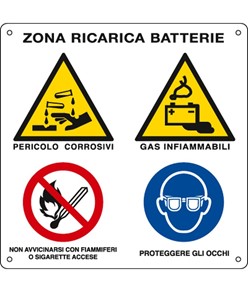 Cartello multisimbolo 'zona ricarica batteria'