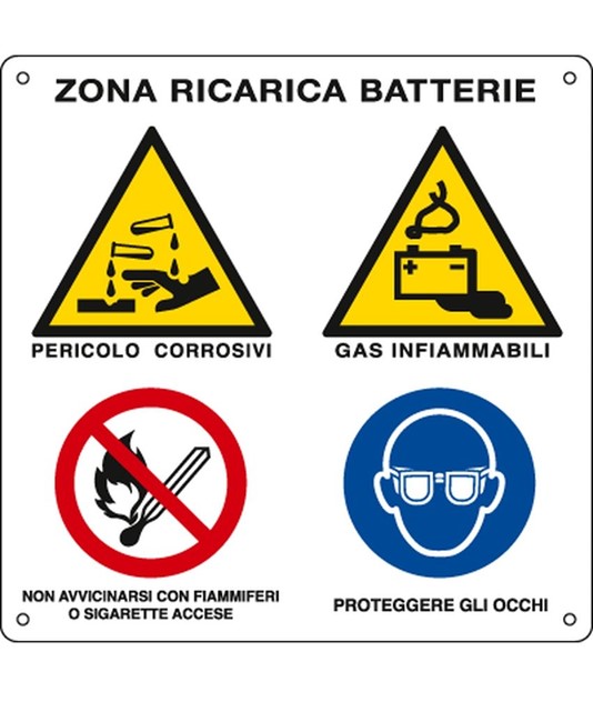 Cartello multisimbolo 'zona ricarica batteria' Cartello multisimbolo 'zona ricarica batteria'