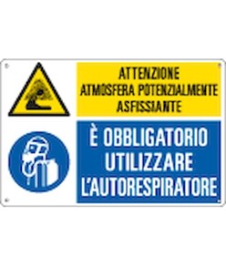 Cartello multisimbolo 'attenzione atmosfera potenzialmente asfissiante...'