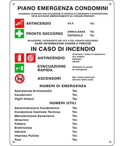 Cartello multisimbolo 'piano emergenza condomini'. Dim: 333x470mm