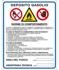 Cartello multisimbolo norme comportamento  'Deposito gasolio'