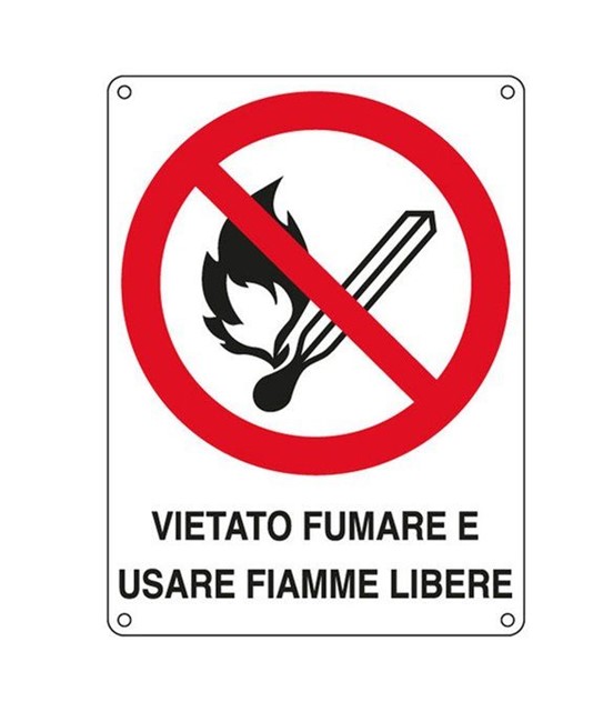 Cartello 'vietato fumare e usare fiamme libere' in alluminio piano