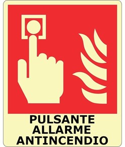 Cartello fotoluminescente simbolo e scritta 'Pulsante allarme antincendio'