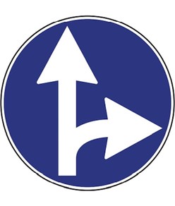 Cartello "direzione obbligatoria dritto e destra" in lamiera, diam. cm. 60.